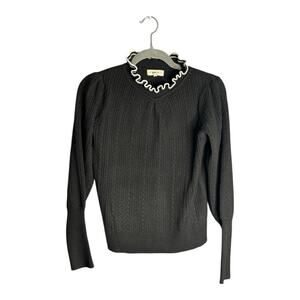 Suncoo Paris Black Cable Knit Sweater High Ruffle Neck White Trim Size Small